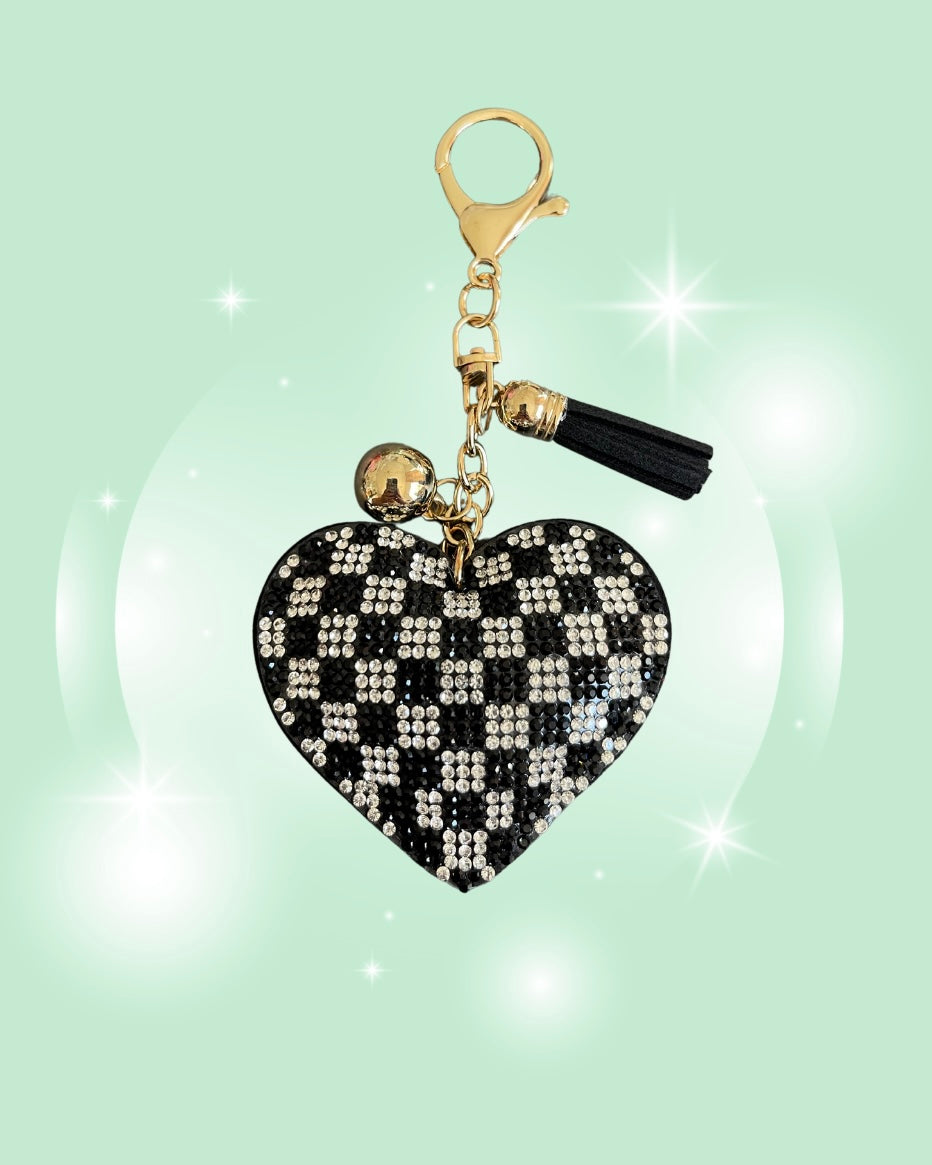 CHECKERED HEART RHINESTONE KEYCHAIN